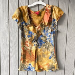 Sunny Leigh Ruffle Blouse Gold Multicolor Painterly Print Size L